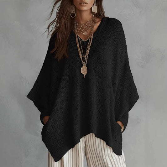Hollow-out Solid Color Loose Vintage Womens Long-Sleeve Knit Top