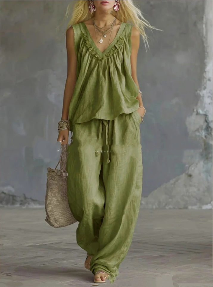 Casual Cotton Sleeveless Ruffle-Trim Top Set