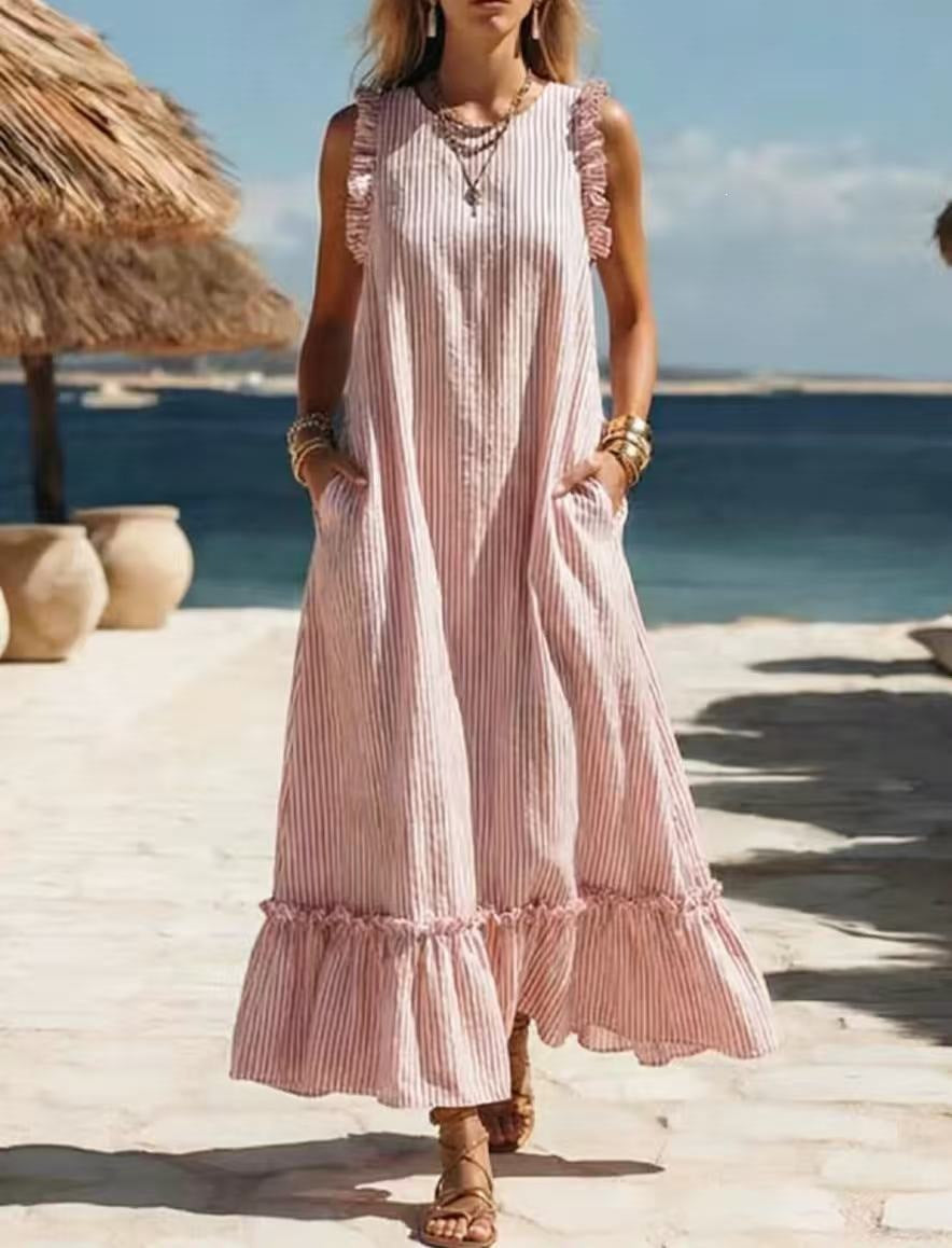 Sleeveless Ruffled Loose Striped Dress
