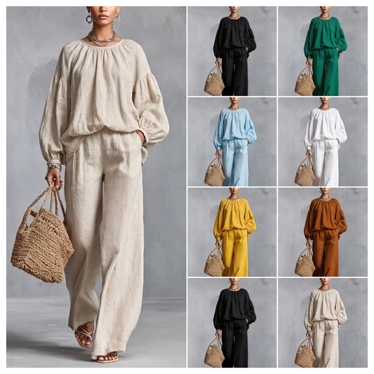 Women's Cotton-Linen Lantern-Sleeve Wide-Leg Pants Set