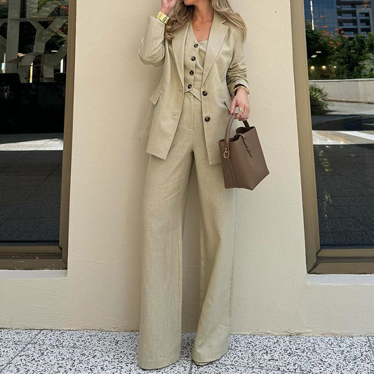 Fashionable Chic Solid-Colored Blazer Vest Wide-Leg Pants Three-Piece Suit Set