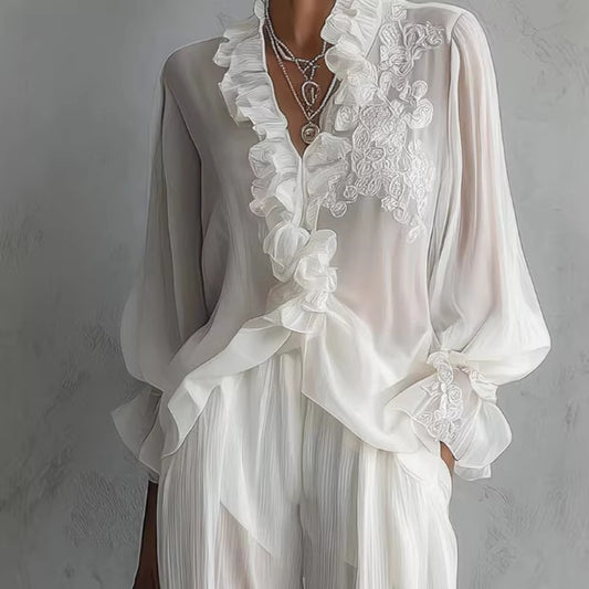 Lace Long-sleeve Shirt And Wide-leg Pants Set