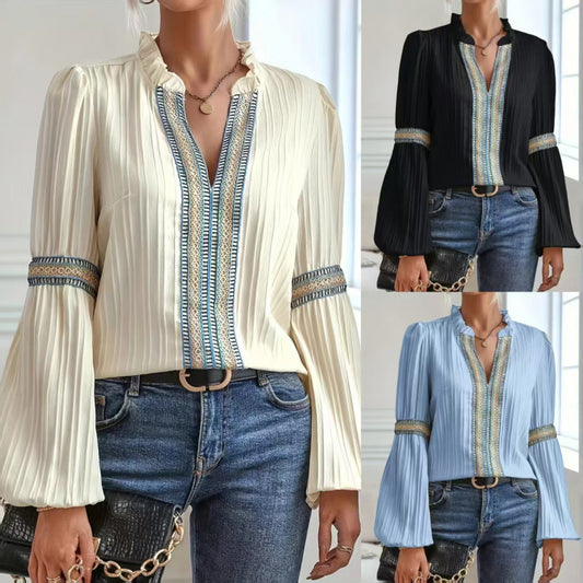 Womens Solid-Color Crochet-Trimmed Patchwork Loose Lantern-Sleeve Shirt
