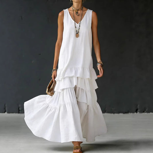 Solid-color Womens Loose-fitting Full-skirted Sleeveless Dress