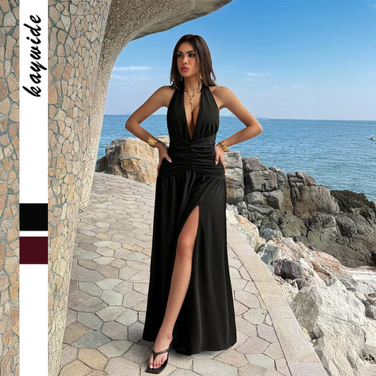 European And American-style Elegant Halter-neck Low-cut High-slit Dress