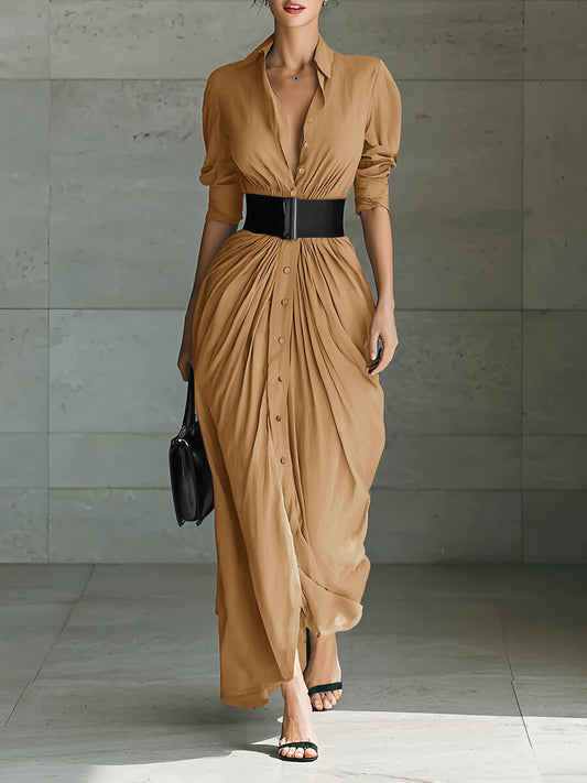 Chic Collared Button-Down Shirt Dress With Belt