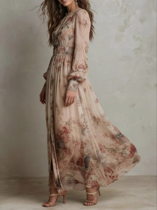 Retro Chiffon Printed Crew-Neck Long-Sleeve Pleated Waist Floral Dress