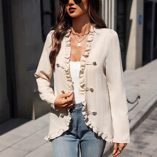 Women's Button-Placket Ruffle-Trimmed Shirt