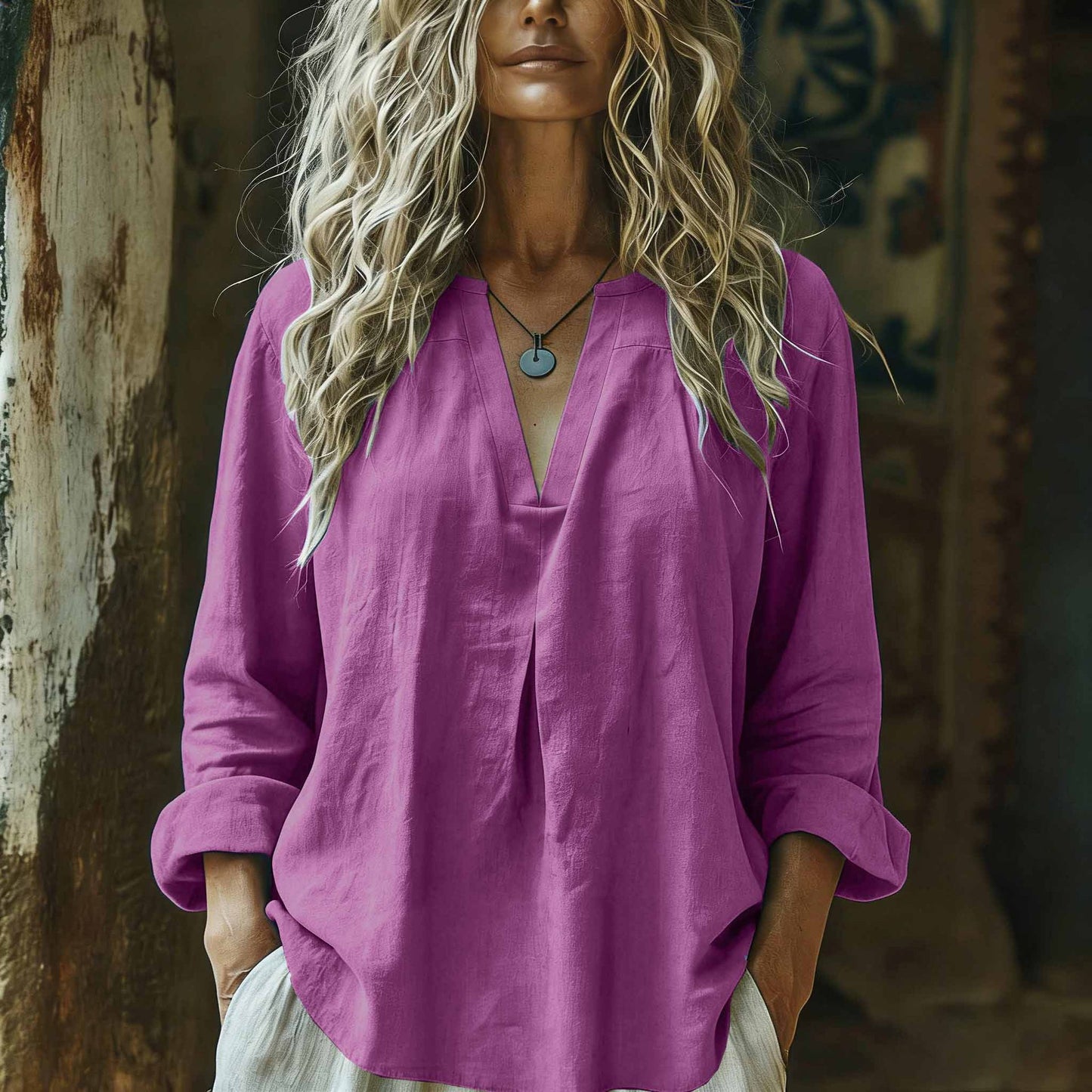 Women's Casual Cotton-Linen Shirt Best-Selling Solid Color