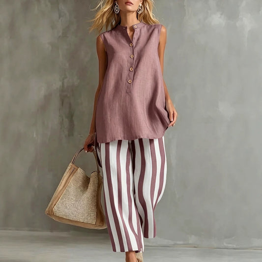 Casual Sleeveless Shirt Top And Striped Wide-Leg Pants Two-Piece Set