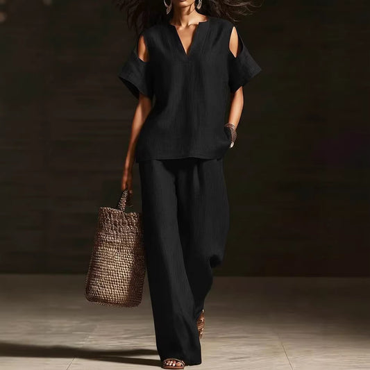 Womens Solid-Colored V-Neck Straight-Leg Pants Short-Sleeve Set With Ripped Details
