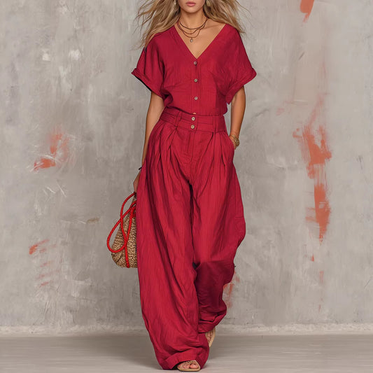 Solid-color V-neck Short-sleeve Top And Wide-leg Pants Set