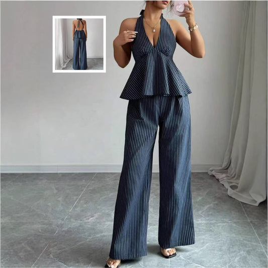 Sexy Backless Halter Jumpsuit And Straight Pants Fashionable Casual Set