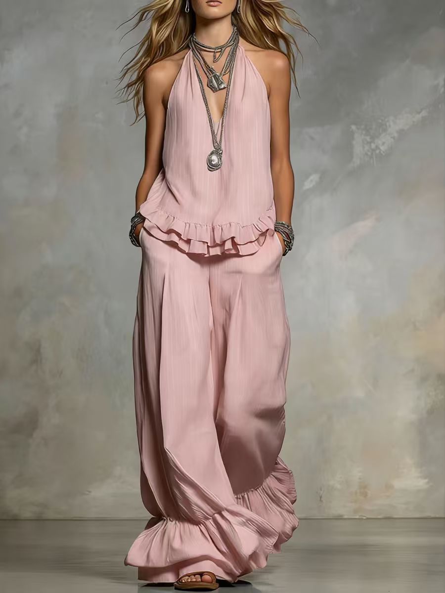Women's Casual V-Neck Fashionable Ruffle Trim Set