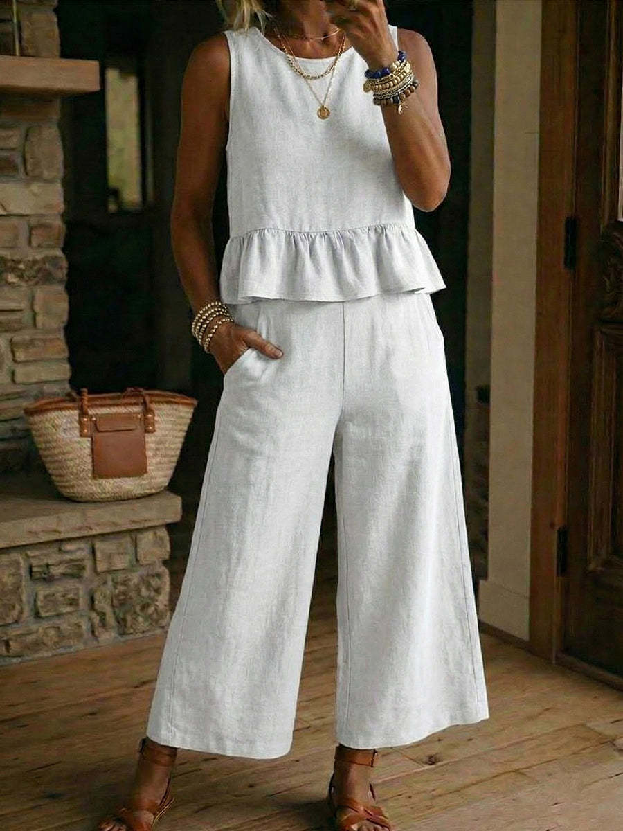 Womens Ruffled Hem Sleeveless Tank Top And Cropped Pants Cotton-Linen Set
