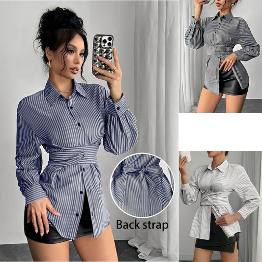 Womens Fashion Irregular-Waist Belt Long-Sleeve Shirt