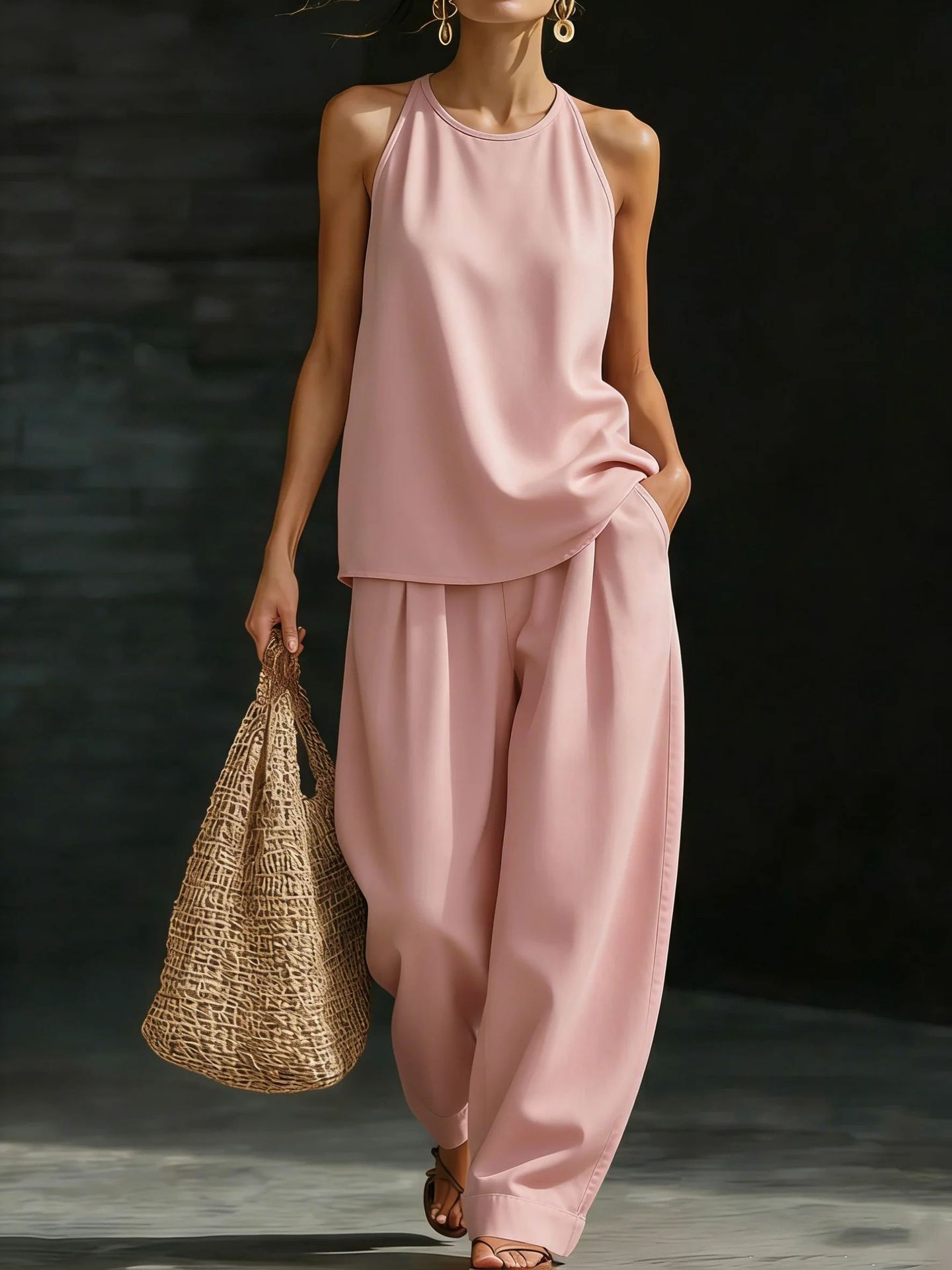 New Womens Crew-Neck Sleeveless Fashionable Casual Set