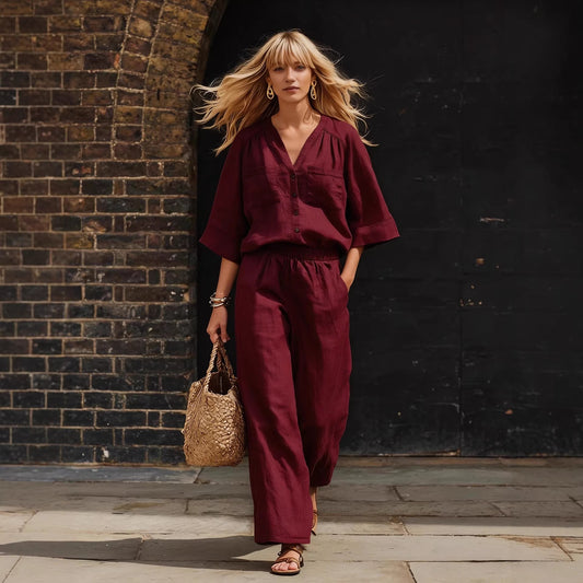 Womens Simple Button-Up Top And Wide-Leg Pants Linen Two-Piece Set