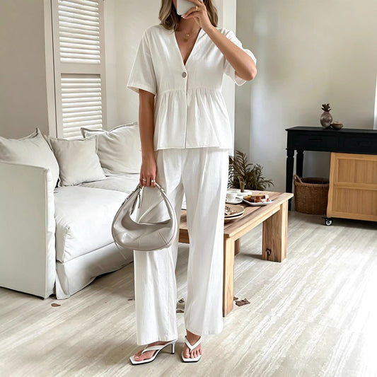 V-neck Loose-fit Short-sleeve Top And Wide-leg Pants Two-piece Set