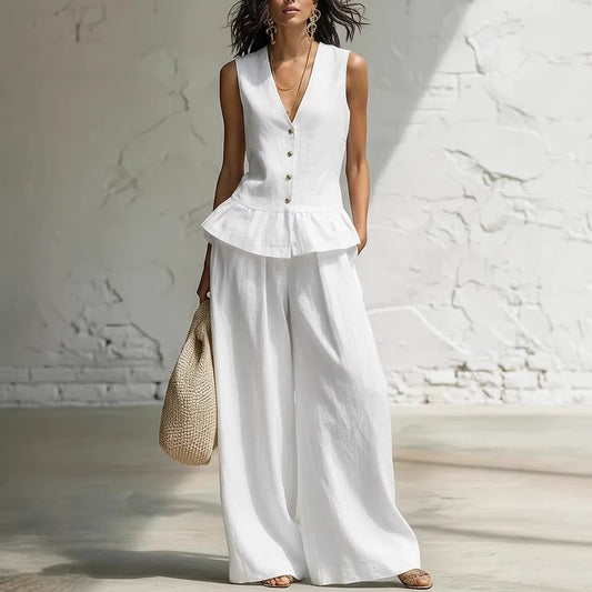 Retro Bohemian Style Ruffled Cotton-Linen Two-Piece Set