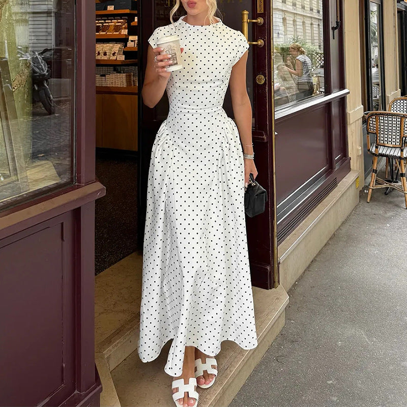 French Style Polka Dot Round Neck Waist-Cinched Swing Maxi Dress