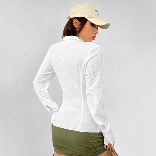 FallWinter Casual Button-front, Waist-cinched Textured Shirt