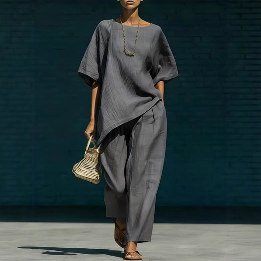 Short-sleeve Top With An Asymmetrical Hem And Wide-leg Pants Set