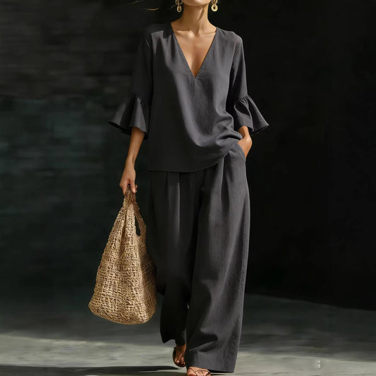 Womens V-neck Ruffle-Sleeve Top And Wide-Leg Pants Two-Piece Set