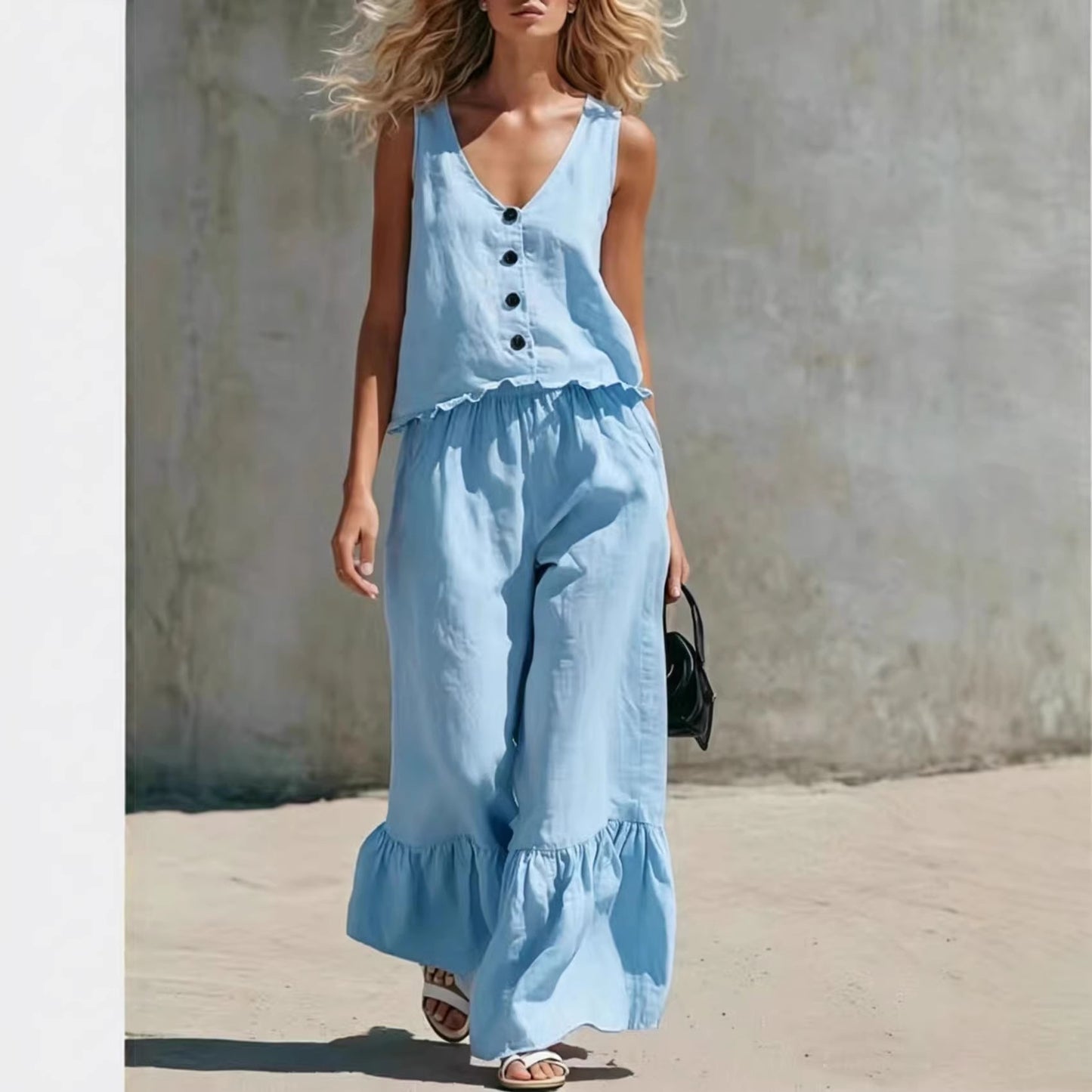 Womens Fashion Casual Solid Color V-Neck Vest And Pants Two-Piece Set