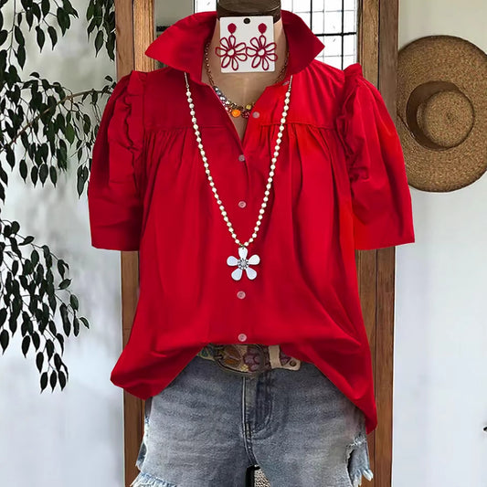 Summer New Womens Casual Loose Fashion Pleated Solid Color Patchwork Short-Sleeve Shirt