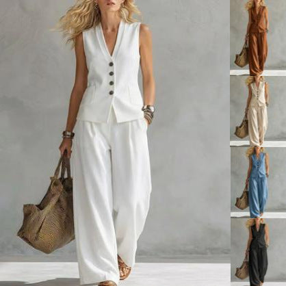 Womens Solid-Colored Sleeveless Casual Linen Tank Top And Pants Set