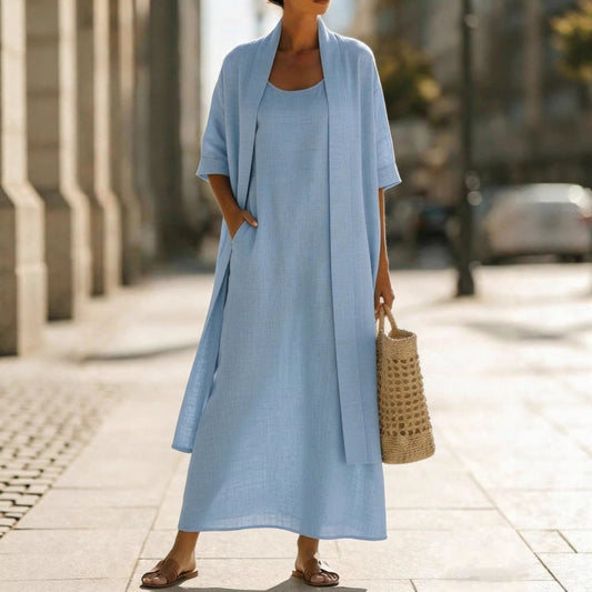 Womens Simple, Loose, Comfortable, Fashionable Cotton-Linen Two-Piece Dress Set