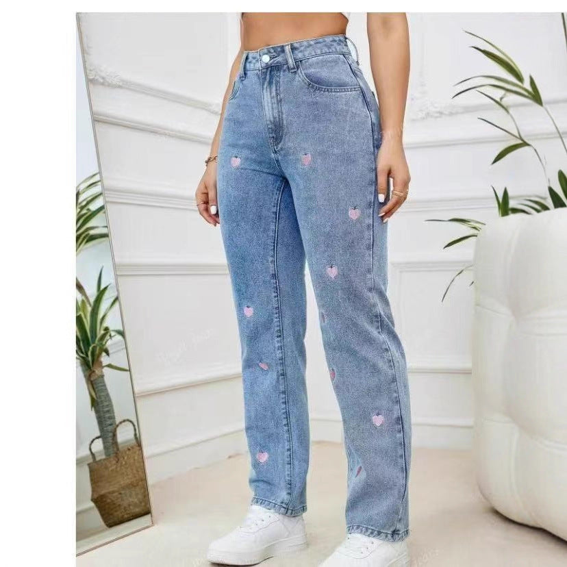 Affectionate Embroidered Straight-Leg Loose-Fit Stretch Womens Denim Trousers