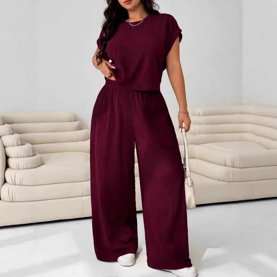 Casual Set Short-Sleeve Top And Wide-Leg Pants Two-Piece Suit