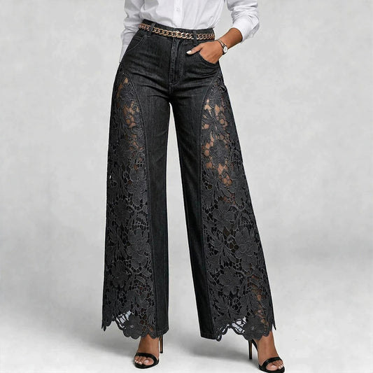 High-waisted Wide-leg Pants Womens Lace-panelled Jeans