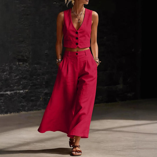 Womens Short V-Neck Vest And Wide-Leg Pants Set