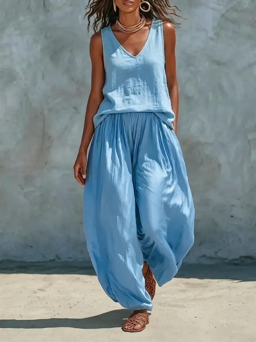 2026 European And American Cross-border Foreign Trade New Women's Clothing Amazon Solid Color Vacation Linen Sleeveless Simple Set