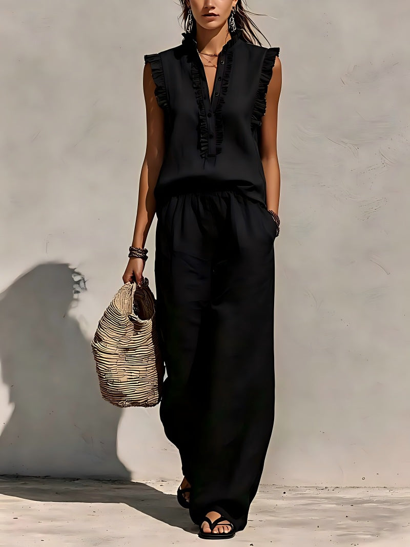 Sleeveless Ruffled V-neck Top And Elastic-waist Wide-leg Pants