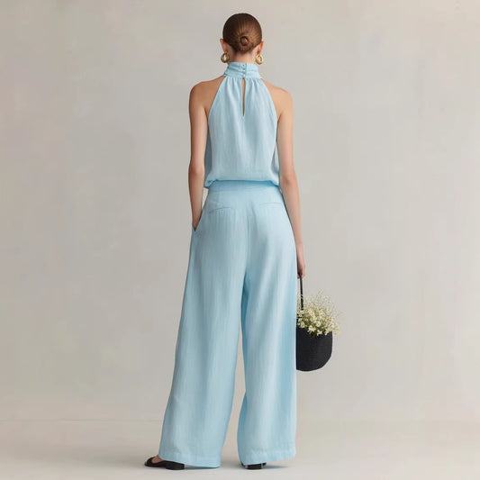 Womens Elegant Round-Neck Sleeveless Top And Pants Suit