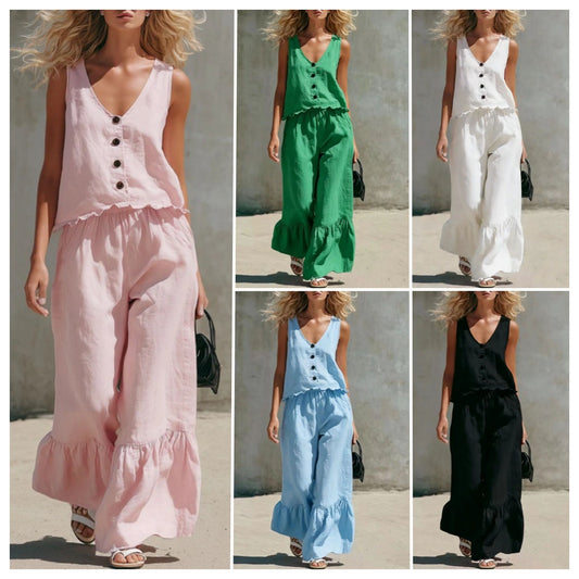 Womens Fashion Casual Solid Color V-Neck Vest And Pants Two-Piece Set