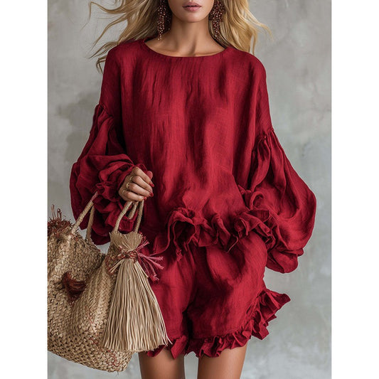 Loose-fitting Lantern-Sleeve Top And Shorts Two-Piece Set For Women