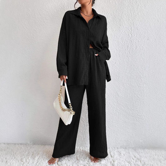 Summer Style Pleated Long-Sleeve Lapel Loose Two-Piece Set
