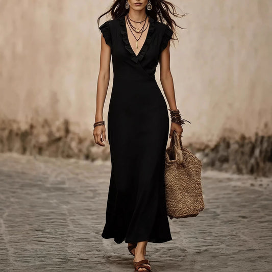 V-neck Cotton-Linen Flutter Sleeve Ruffle-trimmed Midi Dress For Women