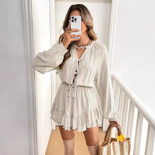 Round-neck Lantern-sleeve High-waisted Cotton-linen Dress