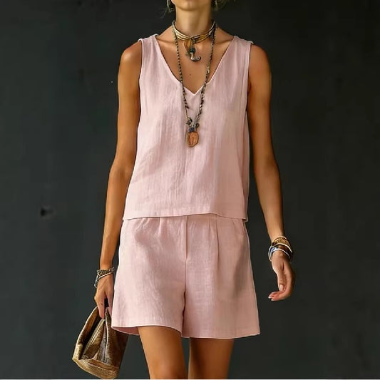 Sleeveless Linen Cotton Top Vest And Shorts Womens Solid Color Two-Piece Set