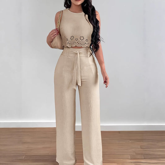 Solid-color Hollow-out Vest And High-waist Straight-leg Pants Set