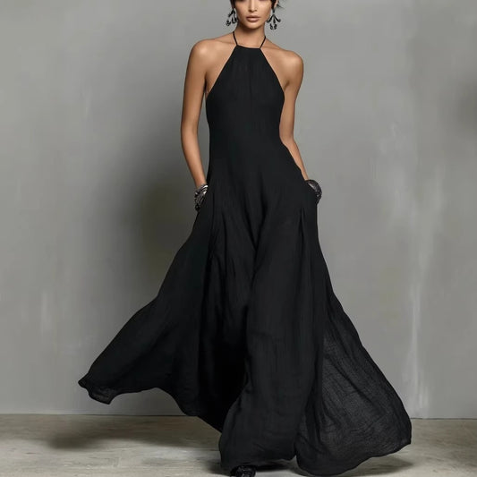 Womens Solid-Color Cotton-Linen Blend Simple Sleeveless Maxi Dress