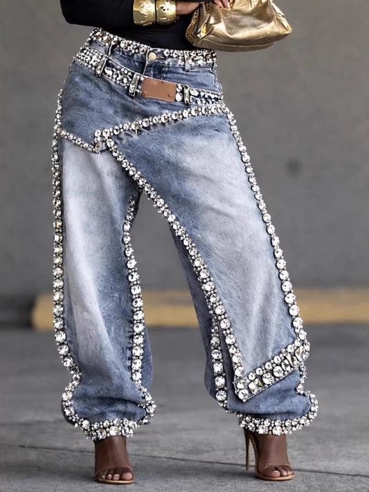 Designer-style Deconstructed Patchwork Layered Denim Jeans For Women