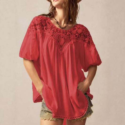Lace-panelled Round-neck Short-sleeve Loose Womens Blouse