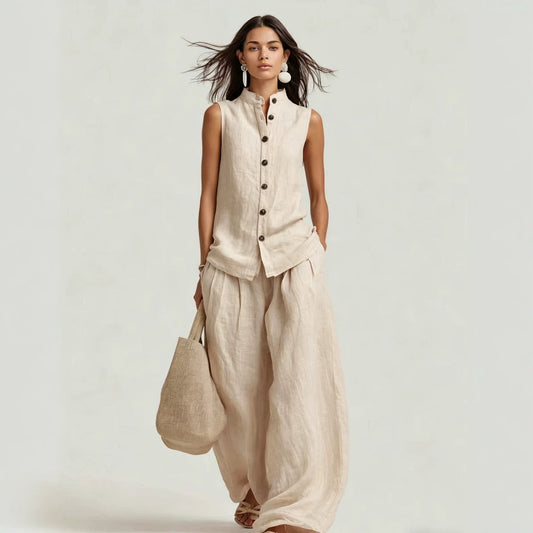 Stand-up Collar Sleeveless Shirt And High-waisted Wide-leg Pants Set